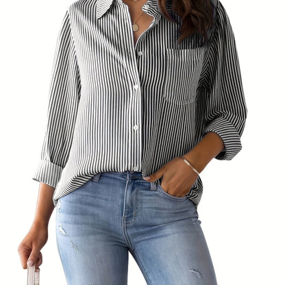 Sixsr Striped Print Button Front Shirt, Casual Long Sleeve Shirt With Pocket, Women's Clothing