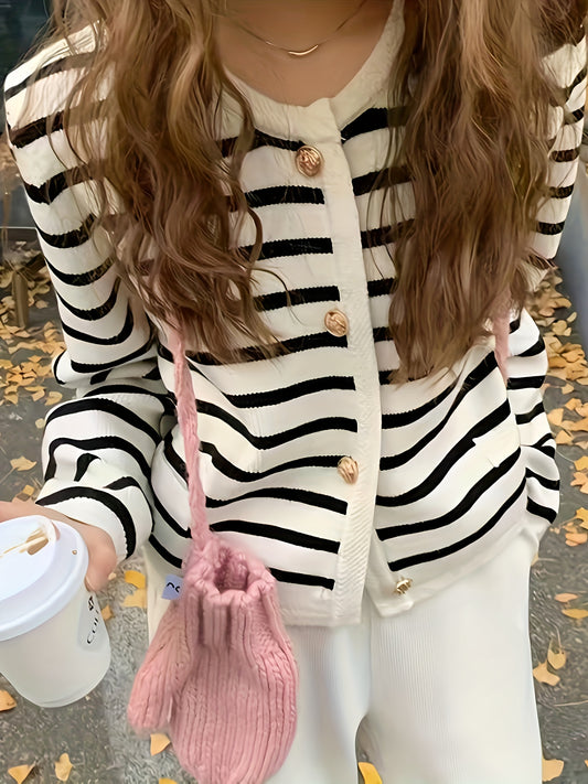 Sixsr Striped Pattern Patched Pockets Outwear, Elegant Single Button Long Sleeve Outwear, Women's Clothing