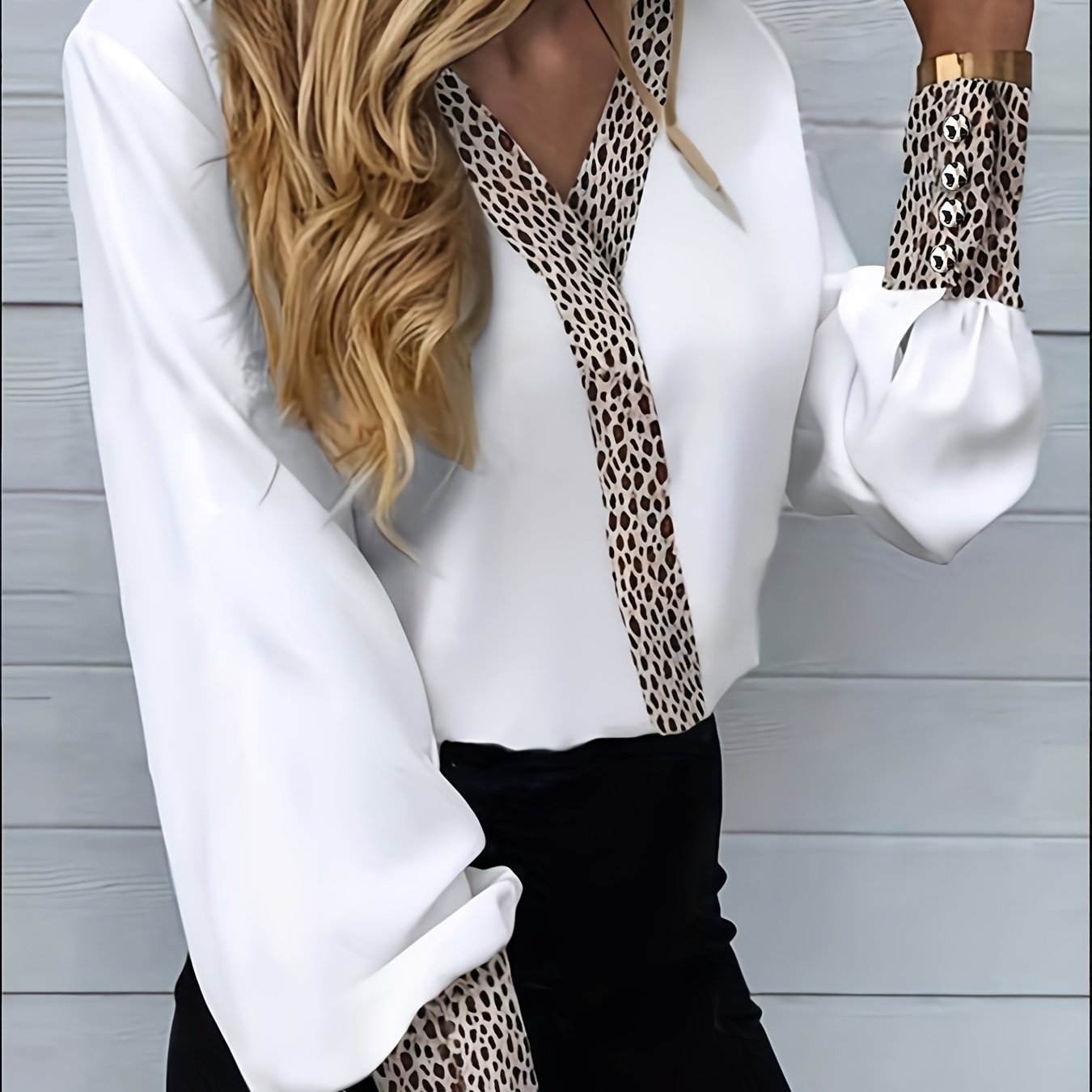 Leopard Print Lantern Sleeve Blouse, Casual V Neck Blouse For Spring & Fall, Women's Clothing