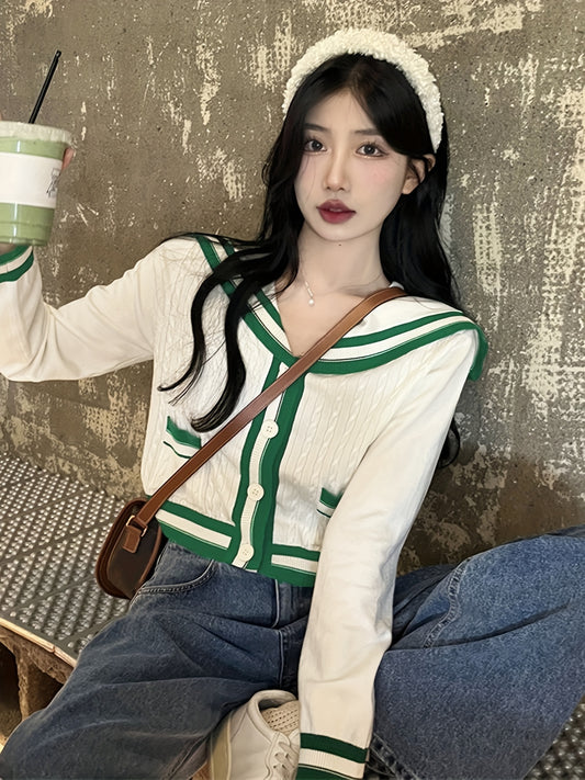 Sixsr Striped Navy Collar Knit Cardigan, Casual Long Sleeve Button Crop Sweater, Women's Clothing