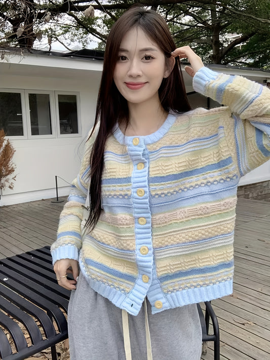 Sixsr Striped Button Up Knit Cardigan, Elegant Long Sleeve Sweater For Spring & Fall, Women's Clothing
