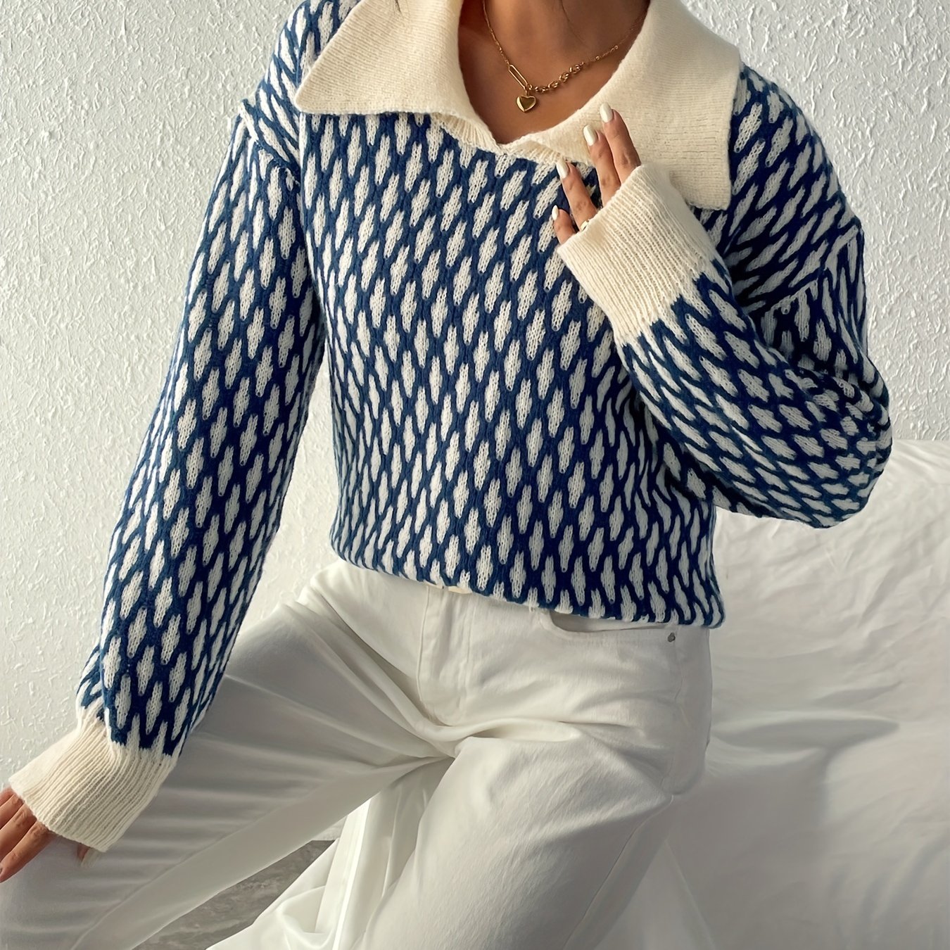 Sixsr Allover Pattern Flat Collar Pullover Sweater, Casual Long Sleeve Sweater, Women's Clothing