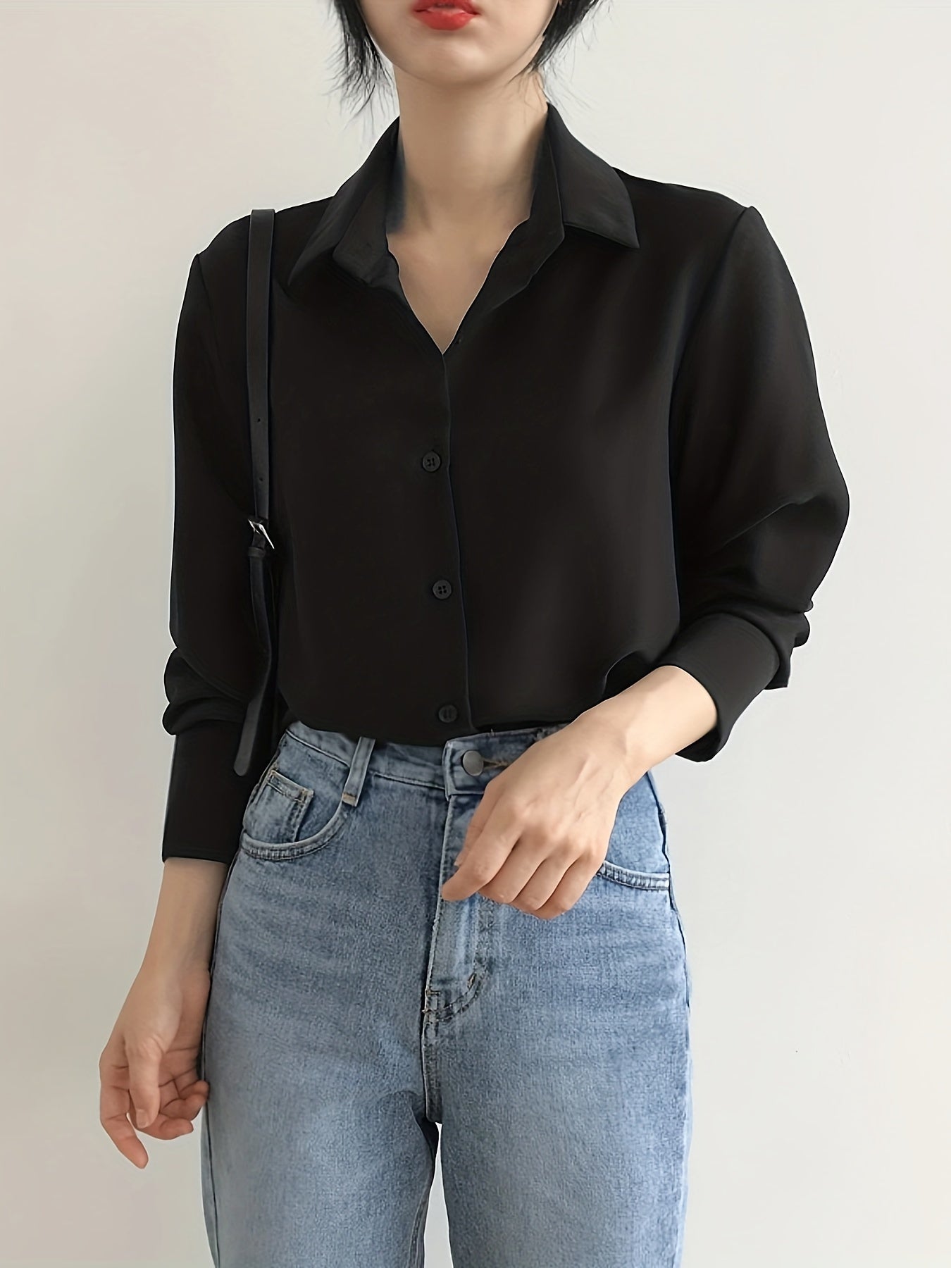 Sixsr Solid Button Front Simple Shirt, Versatile Long Sleeve Shirt For Spring & Fall, Women's Clothing