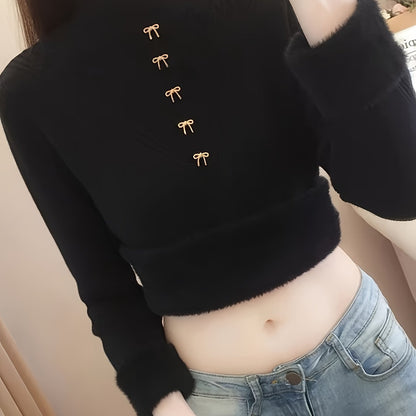 Sixsr Solid Mock Neck Fleece Sweater, Elegant Button Long Sleeve Thermal Inner Wear Sweater, Women's Clothing