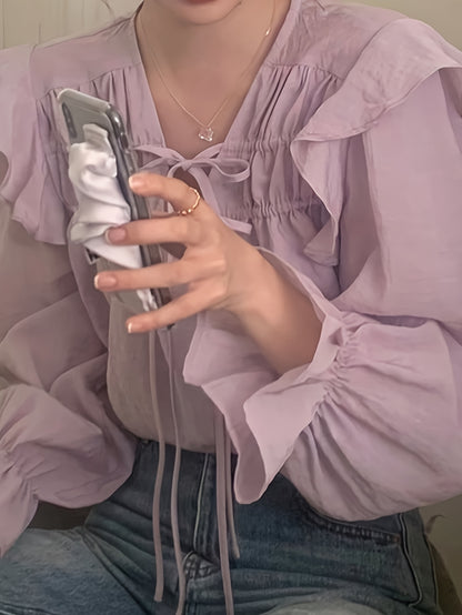 Sixsr Solid Ruffle Trim Tie Front Blouse, Sweet Long Sleeve Blouse For Spring & Fall, Women's Clothing