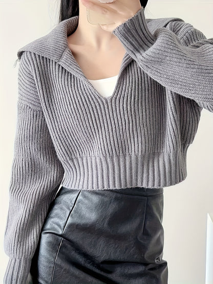 Sixsr Solid Crop Rib Knit Sweater, Casual Long Sleeve V Neck Sweater, Women's Clothing