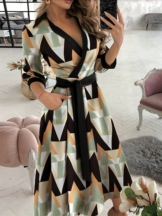 Women's Plus Size Colorblock Geometric Print Lantern Sleeve Surplice Neck Dress with Belt & Pockets - Stylish and Comfortable