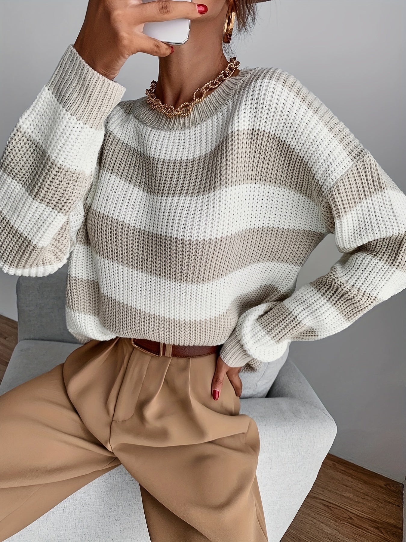 Sixsr Color Block Drop Shoulder Sweater, Casual Long Sleeve Sweater For Fall & Winter, Women's Clothing