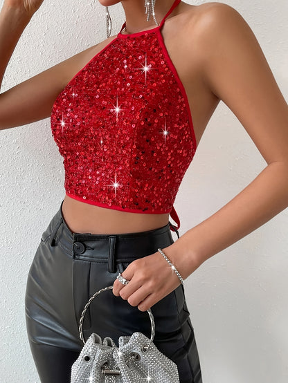 Sixsr  Solid Color Halter Neck Tank Top, Y2K Tie Back Contrast Sequin Sleeveless Tank Top For Every Day, Women's Clothing