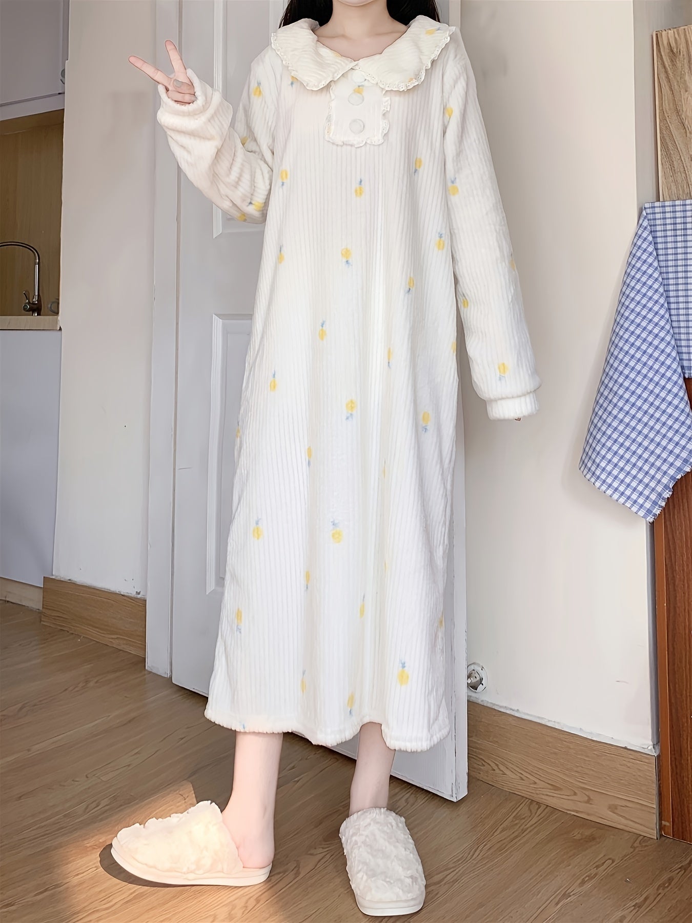 Sixsr Pineapple Print Fuzzy NightDress, Long Sleeve Lapel Pajama Dress, Women's Sleepwear & Dresses