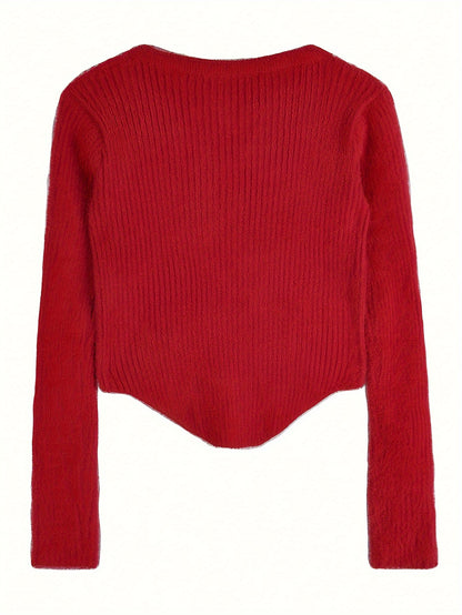 Sixsr Solid Button Up Pullover Sweater, Casual Long Sleeve Hanky Hem Sweater, Women's Clothing