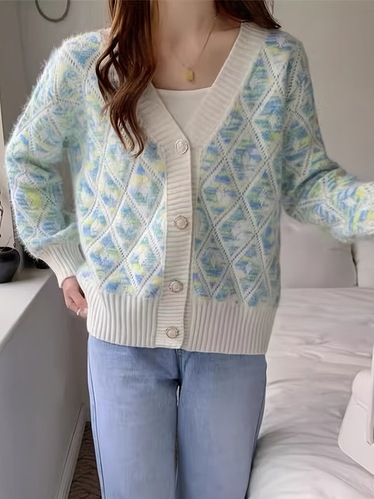 Sixsr Argyle Pattern Button Down Knit Cardigan, Elegant V Neck Long Sleeve Sweater, Women's Clothing