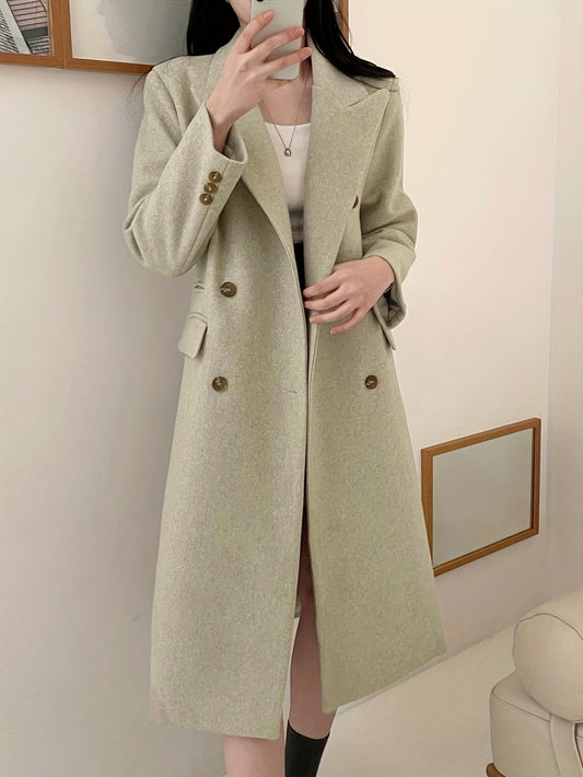Sixsr Solid Color Double-breasted Coat, Casual Long Sleeve Lapel Coat For Fall & Winter, Women's Clothing