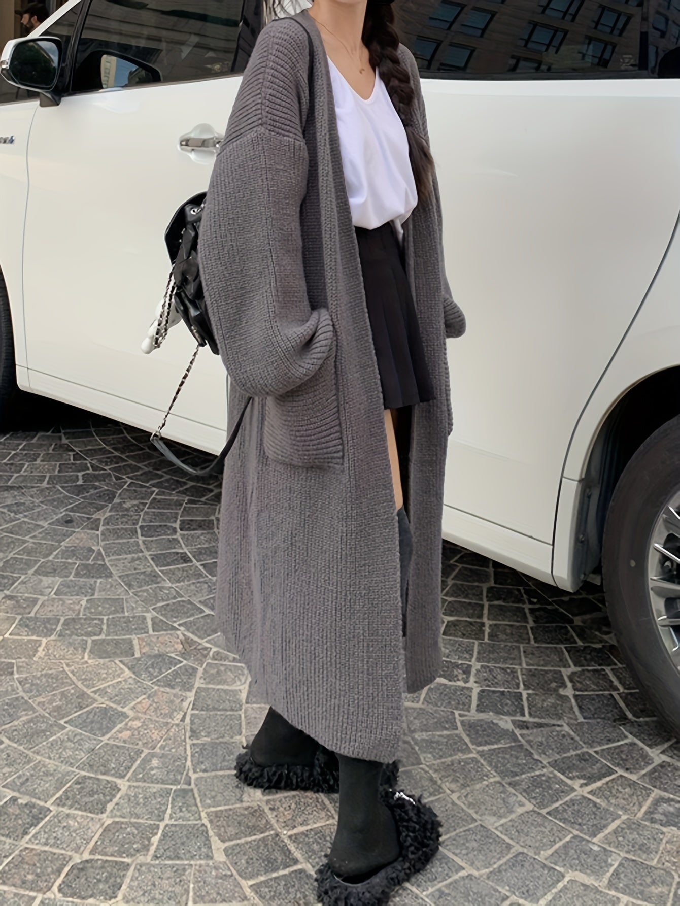 Sixsr Solid Open Front Knit Cardigan, Casual Long Sleeve Long Length Oversized Sweater Coat With Pocket, Women's Clothing