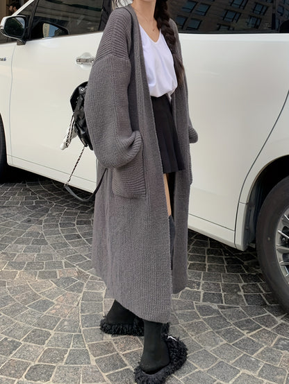 Sixsr Solid Open Front Knit Cardigan, Casual Long Sleeve Long Length Oversized Sweater Coat With Pocket, Women's Clothing