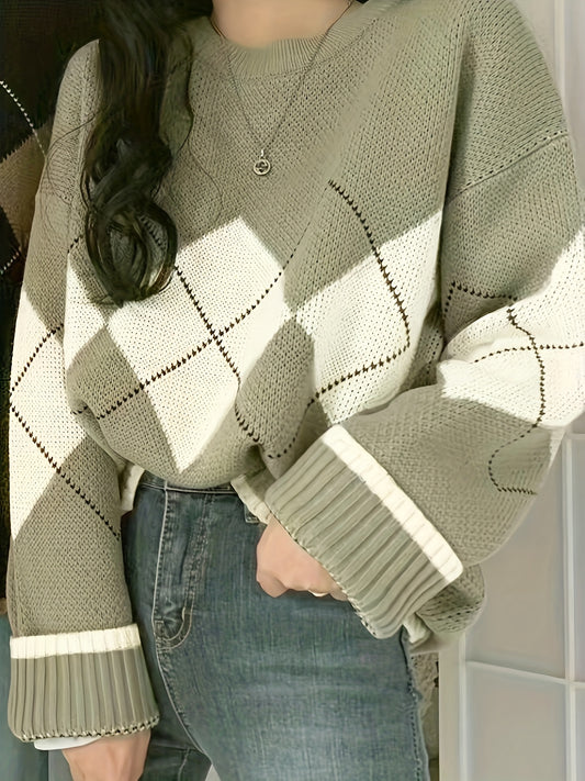 Sixsr Argyle Pattern Crew Neck Pullover Sweater, Vintage Long Sleeve Loose Sweater, Women's Clothing