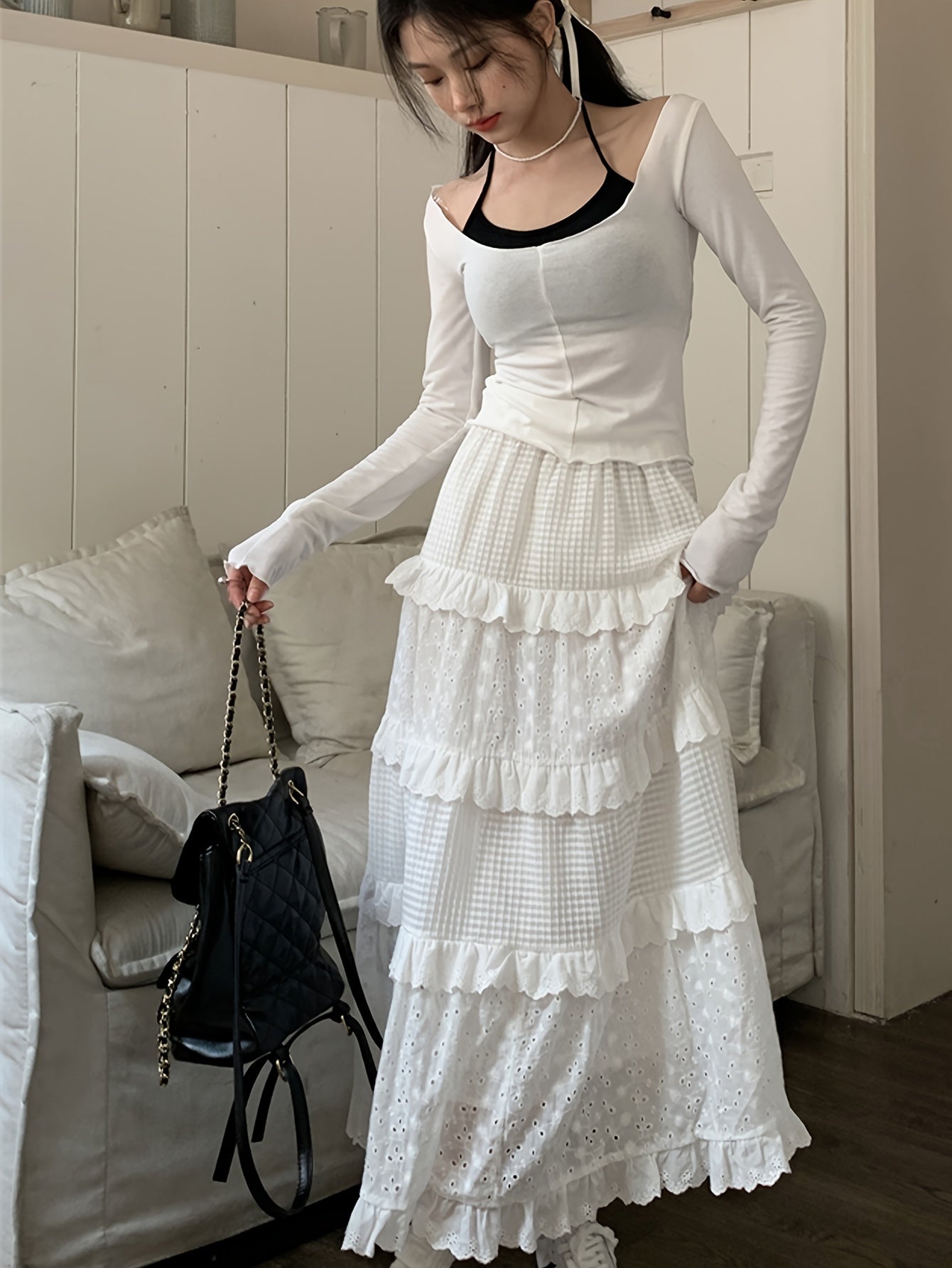 Sixsr Eyelet Embroidered Layer Ruffle Maxi Skirt, Boho Elastic Waist A Line Skirt, Women's Clothing