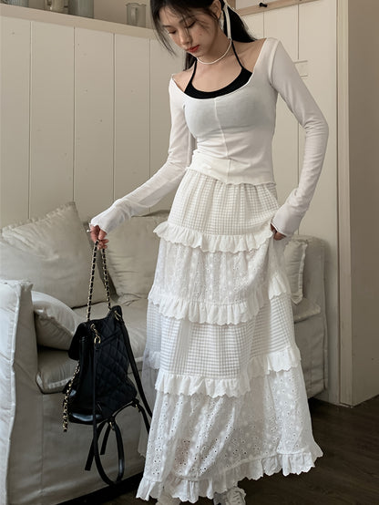 Sixsr Eyelet Embroidered Layer Ruffle Maxi Skirt, Boho Elastic Waist A Line Skirt, Women's Clothing