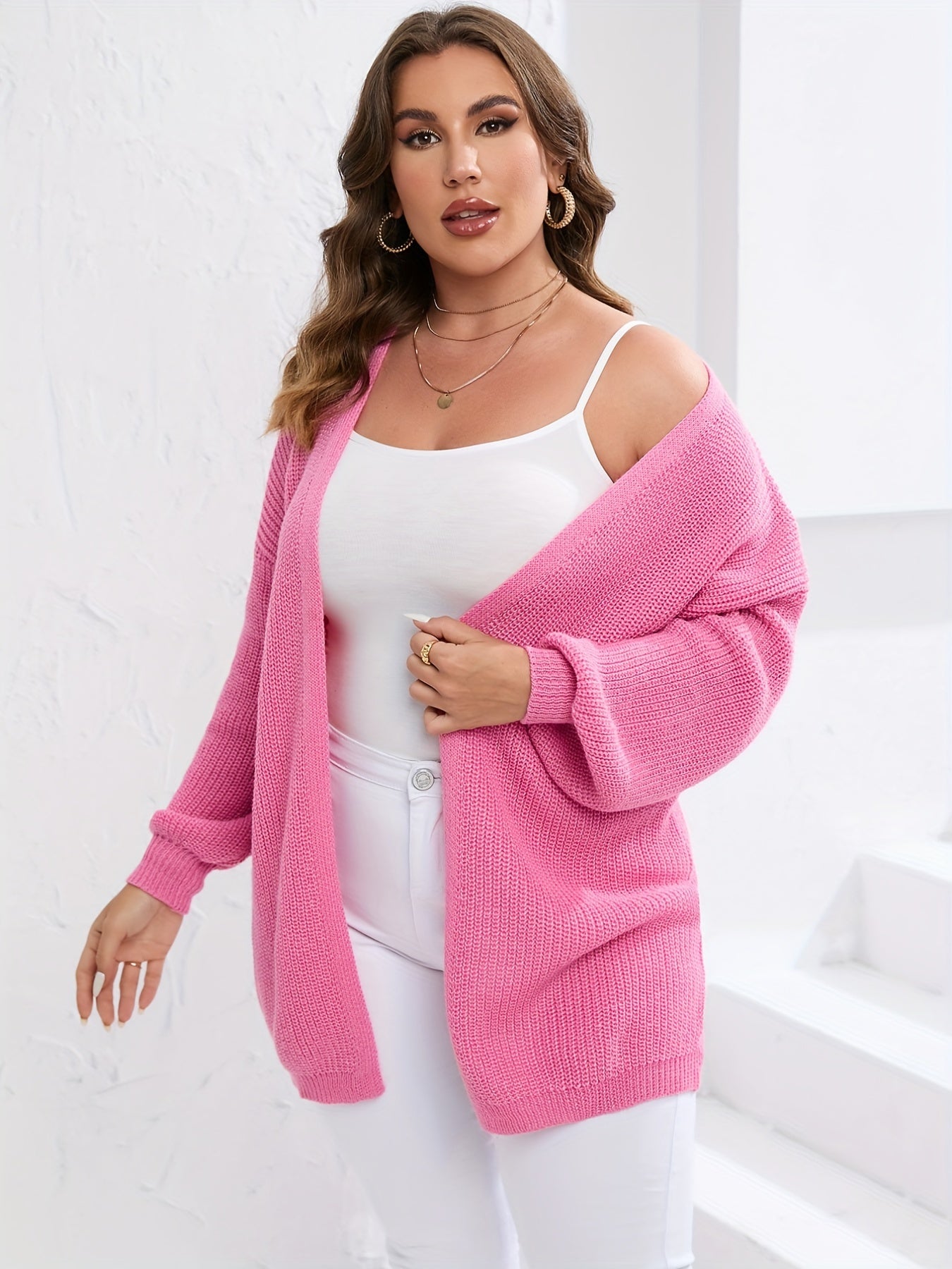 Sixsr Plus Size Solid Long Sleeve Knit Sweater Cardigan, Women's Plus Slight Stretch Casual Cardigan