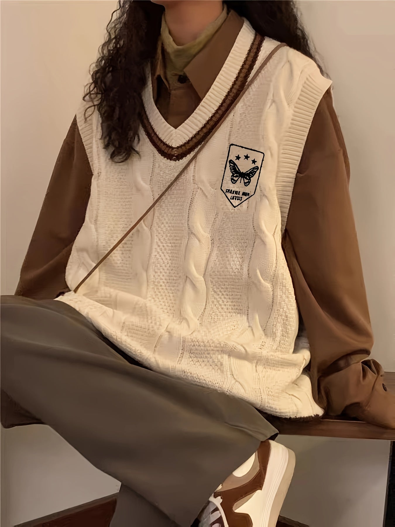 Sixsr Preppy Style V Neck Cable Knit Vest, Casual Sleeveless Loose Sweater Vest, Women's Clothing