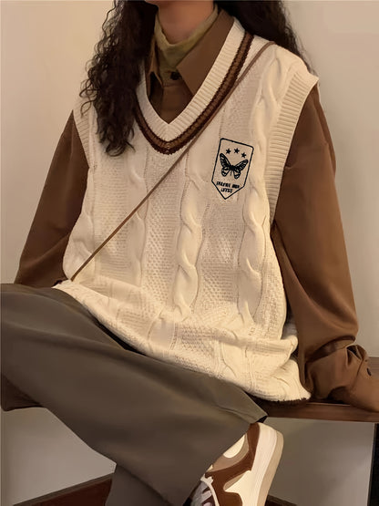 Sixsr Preppy Style V Neck Cable Knit Vest, Casual Sleeveless Loose Sweater Vest, Women's Clothing