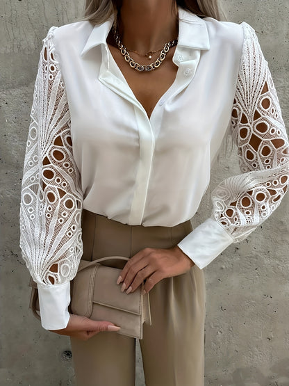 Women's V-Neck Casual Blouse Lace Long Sleeve Shirt Lantern Sleeve Top Work Button T-Shirt