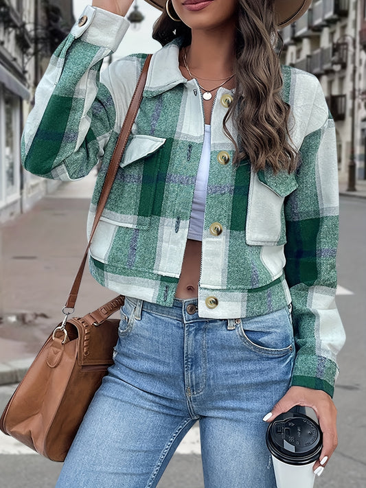 Plaid Print Button Front Jacket, Casual Long Sleeve Outerwear With Pocket, Women's Clothing