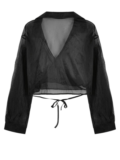 Sixsr Solid Wrap Tie Crop Mesh Blouse, Versatile Long Sleeve Blouse For Spring & Fall, Women's Clothing