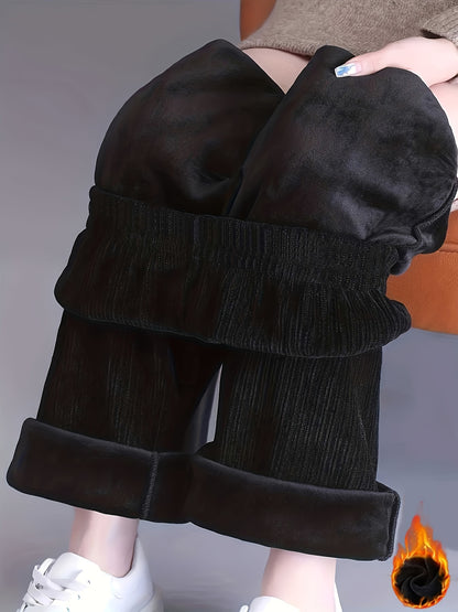 Sixsr Solid Fleece Straight Leg Pants, Casual High Waist Thermal Pants For Fall & Winter, Women's Clothing