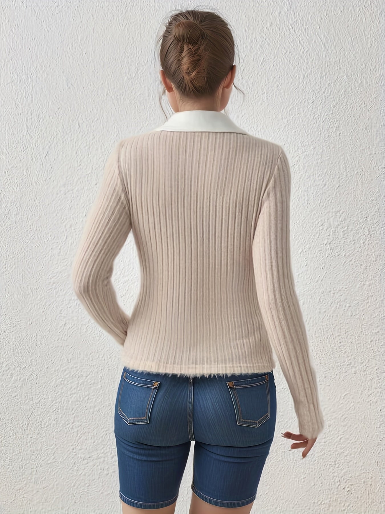 Sixsr Slim Rib Knit Sweater, Casual V Neck Long Sleeve Sweater, Women's Clothing