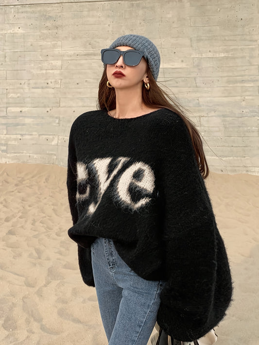 Sixsr Letter Print Crew Neck Sweater, Casual Long Sleeve Sweater For Fall & Winter, Women's Clothing