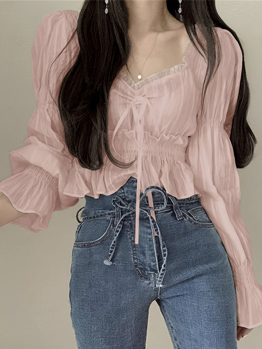 Sixsr Ruffle Trim Sweetheart Neck Blouse, Chic Puff Sleeve Cinched Waist Crop Blouse For Spring & Fall, Women's Clothing