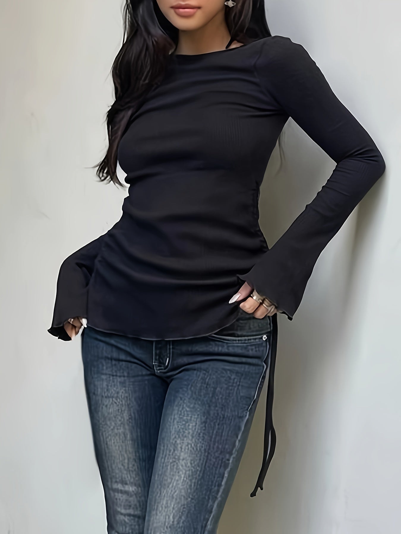 Sixsr Drawstring Crew Neck T-Shirt, Y2K Long Sleeve Lettuce Trim Top For Spring & Fall, Women's Clothing