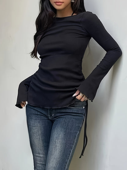 Sixsr Drawstring Crew Neck T-Shirt, Y2K Long Sleeve Lettuce Trim Top For Spring & Fall, Women's Clothing