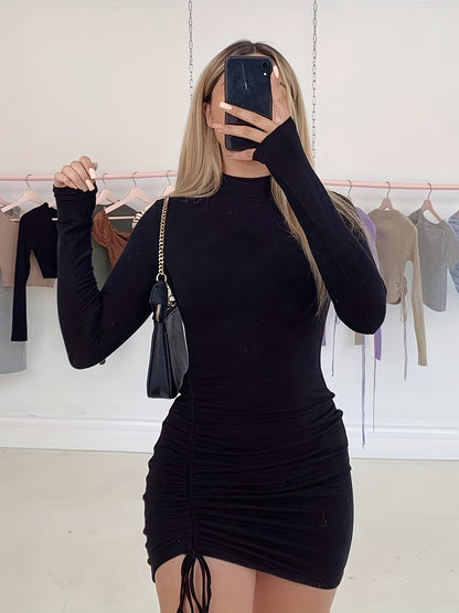 Sixsr Ruched Bodycon Drawstring Dress, Sexy Mock Neck Long Sleeve Dress, Women's Clothing