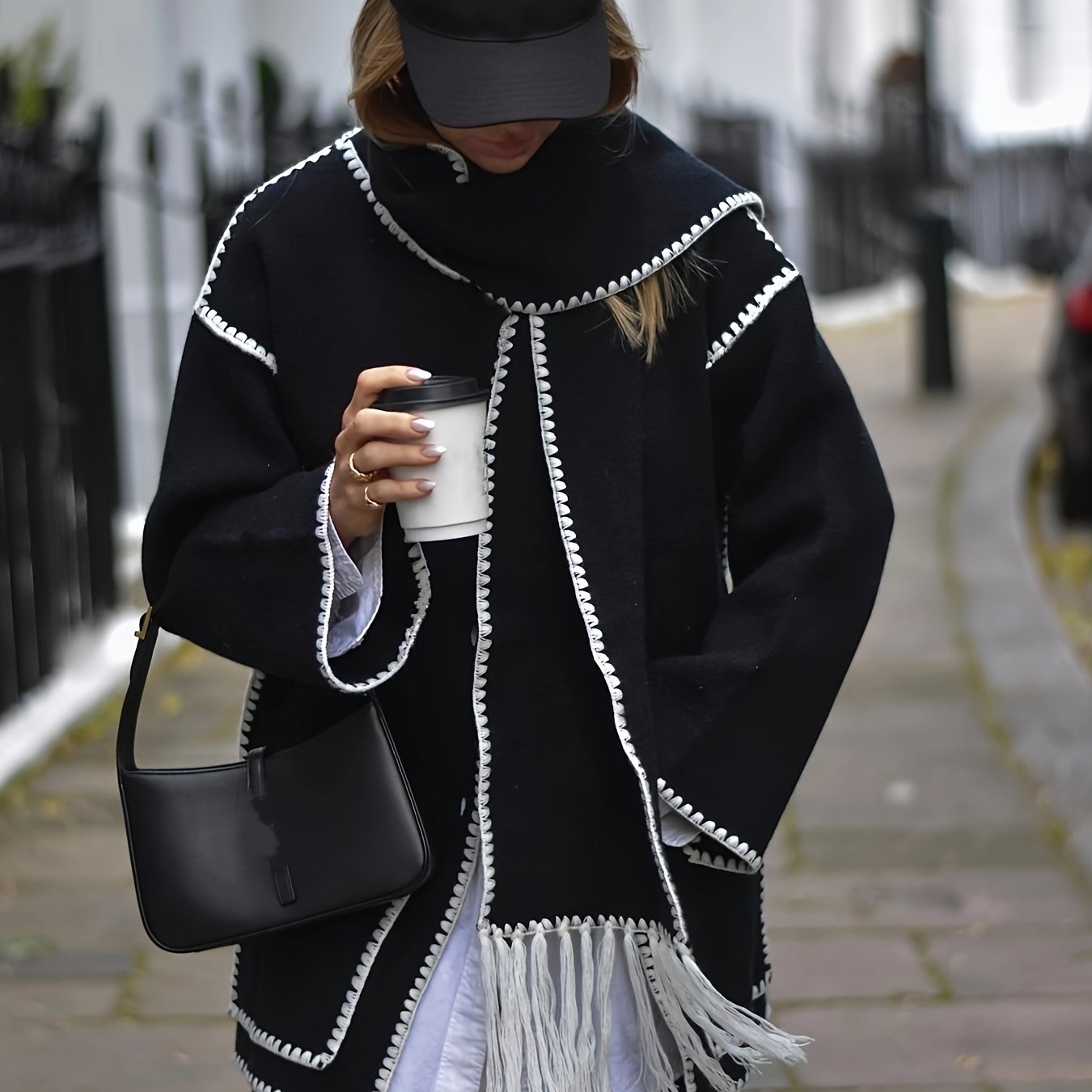 Sixsr Contrast Trim Patched Pockets Overcoat, Elegant Long Sleeve Fringe Scarf Outwear For Fall & Winter, Women's Clothing