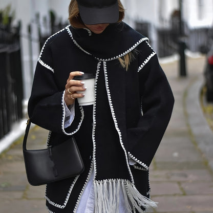 Sixsr Contrast Trim Patched Pockets Overcoat, Elegant Long Sleeve Fringe Scarf Outwear For Fall & Winter, Women's Clothing