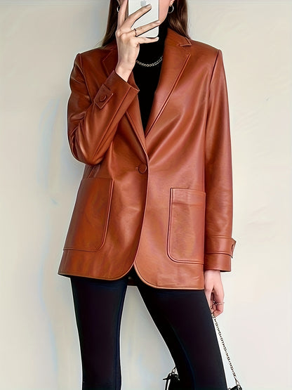 Sixsr Faux Leather Button Front Blazer, Elegant Dual Pockets Lapel Long Sleeve Blazer For Office & Work, Women's Clothing