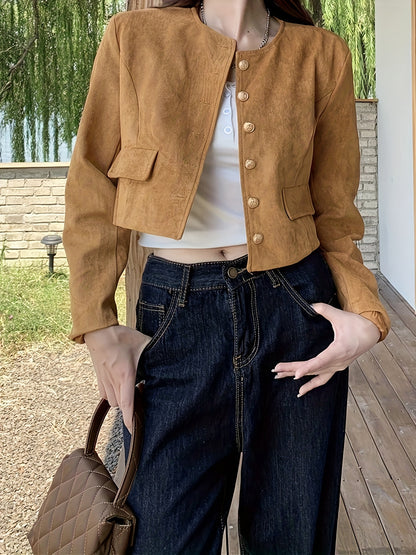 Sixsr Solid Color Button Front Jacket, Chic Long Sleeve Cardigan, Women's Clothing