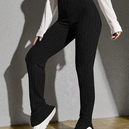 Sixsr Plus Size Casual Pants, Women's Plus Solid Ribbed Elastic High Rise Medium Stretch Split Hem Trousers