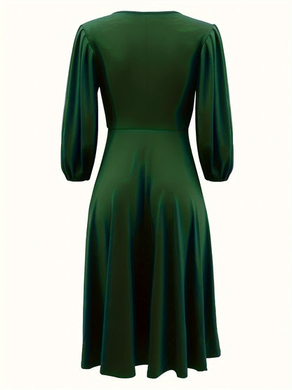 Sixsr Lantern Sleeve V Neck Midi Dress, Party Casual Dress For Spring & Fall, Women's Clothing
