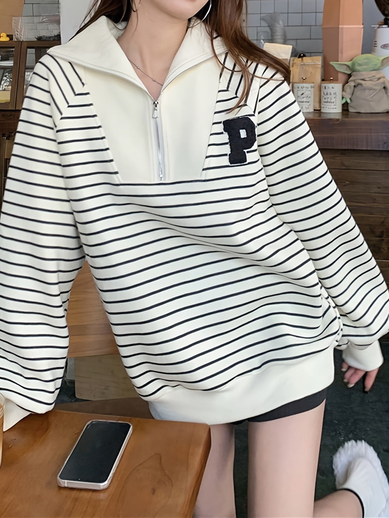 Sixsr Letter Patch Striped Print Sweatshirt, Casual Long Sleeve Quarter Zip Sweatshirt For Fall & Winter, Women's Clothing