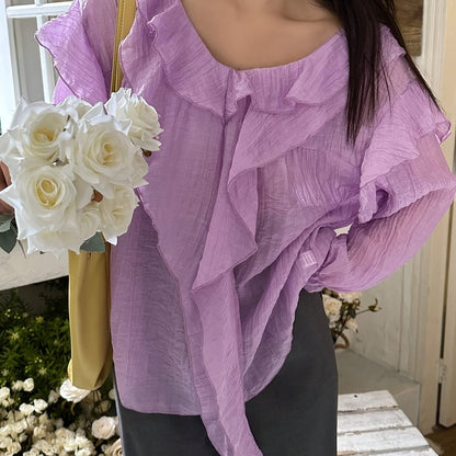 Sixsr Solid Ruffle Trim V-neck Blouse, Elegant Long Sleeve Blouse For Spring & Fall, Women's Clothing