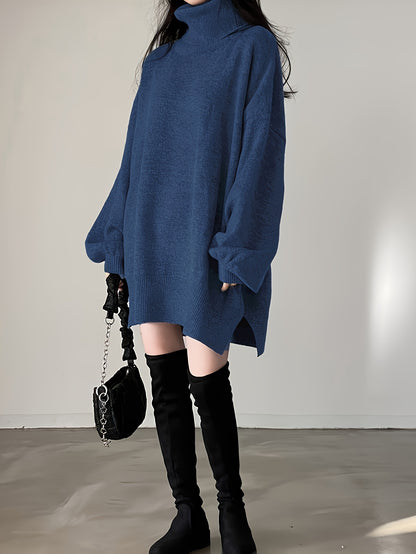 Sixsr Solid Turtle Neck Oversized Sweater, Casual Long Sleeve Split Sweater, Women's Clothing