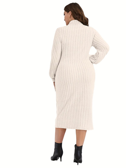 Sixsr Plus Size Casual Dress, Women's Plus Solid Ribbed Lantern Sleeve High Neck Bodycon Midi Dress