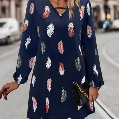 Sixsr Feather Print Lantern Sleeve Dress, V Neck A-line Dress, Women's Clothing