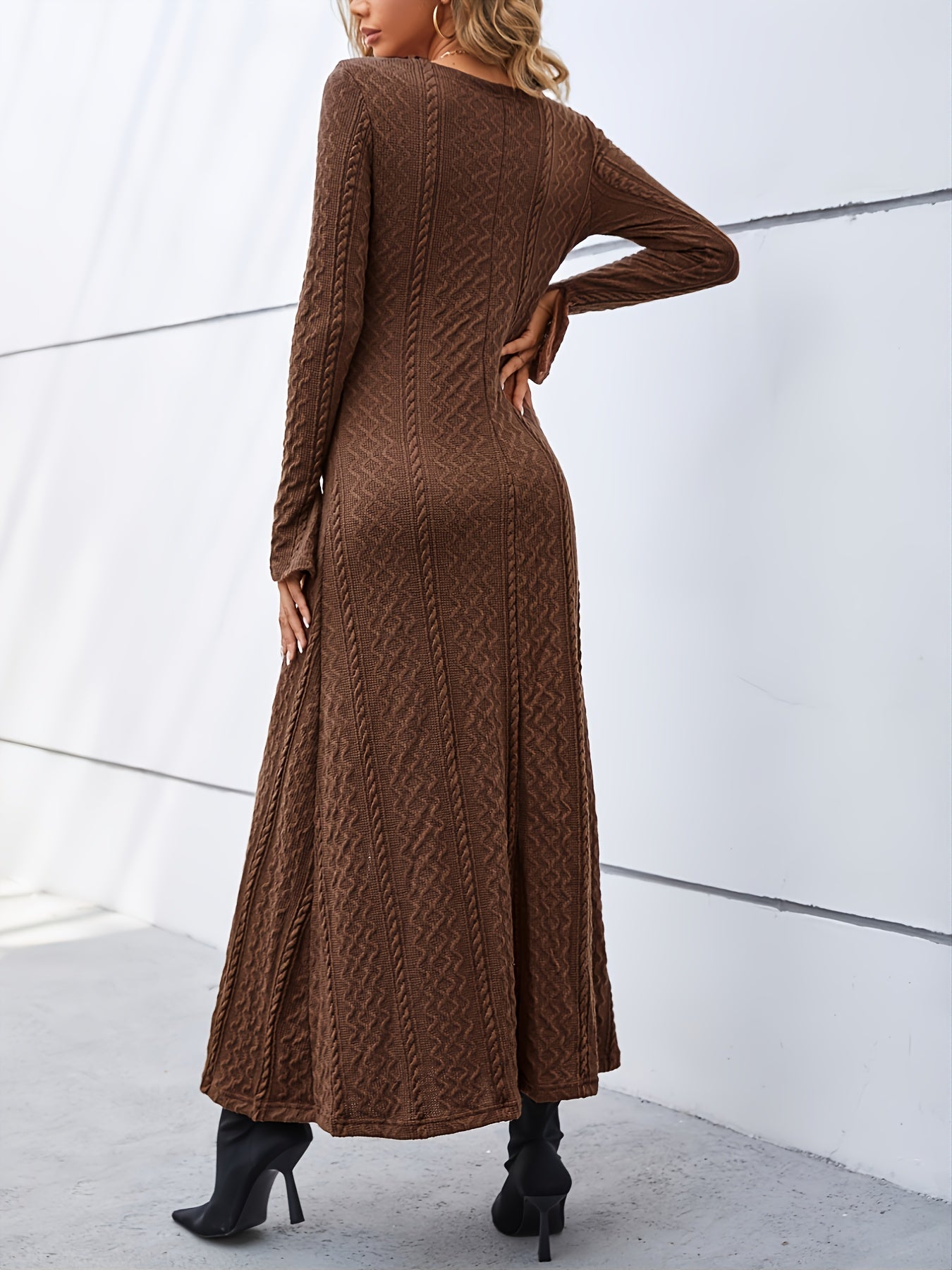 Sixsr Elegant Buttons Slit Long Dress, Casual Deep V Neck Long Sleeve Waist Long Dresses, Women's Clothing