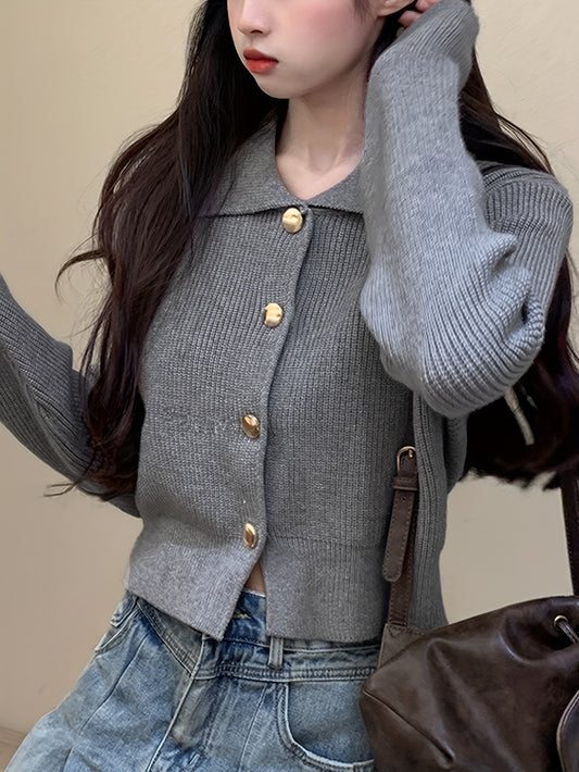 Sixsr Solid Button Up Knit Cardigan, Casual Turndown Collar Long Sleeve Sweater, Women's Clothing
