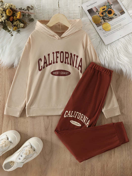 Sixsr Girl's CALIFORNIA WEST COAST Print 2pcs, Hoodie & Sweatpants Set, Casual Outfits, Kids Clothes For Spring Fall