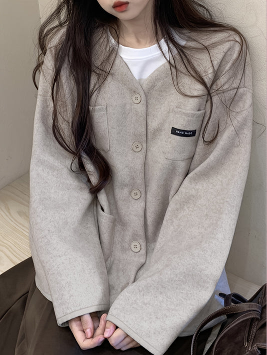 Sixsr Solid Button Front Jacket, Casual Long Sleeve Drop Shoulder Outwear For Fall & Winter, Women's Clothing